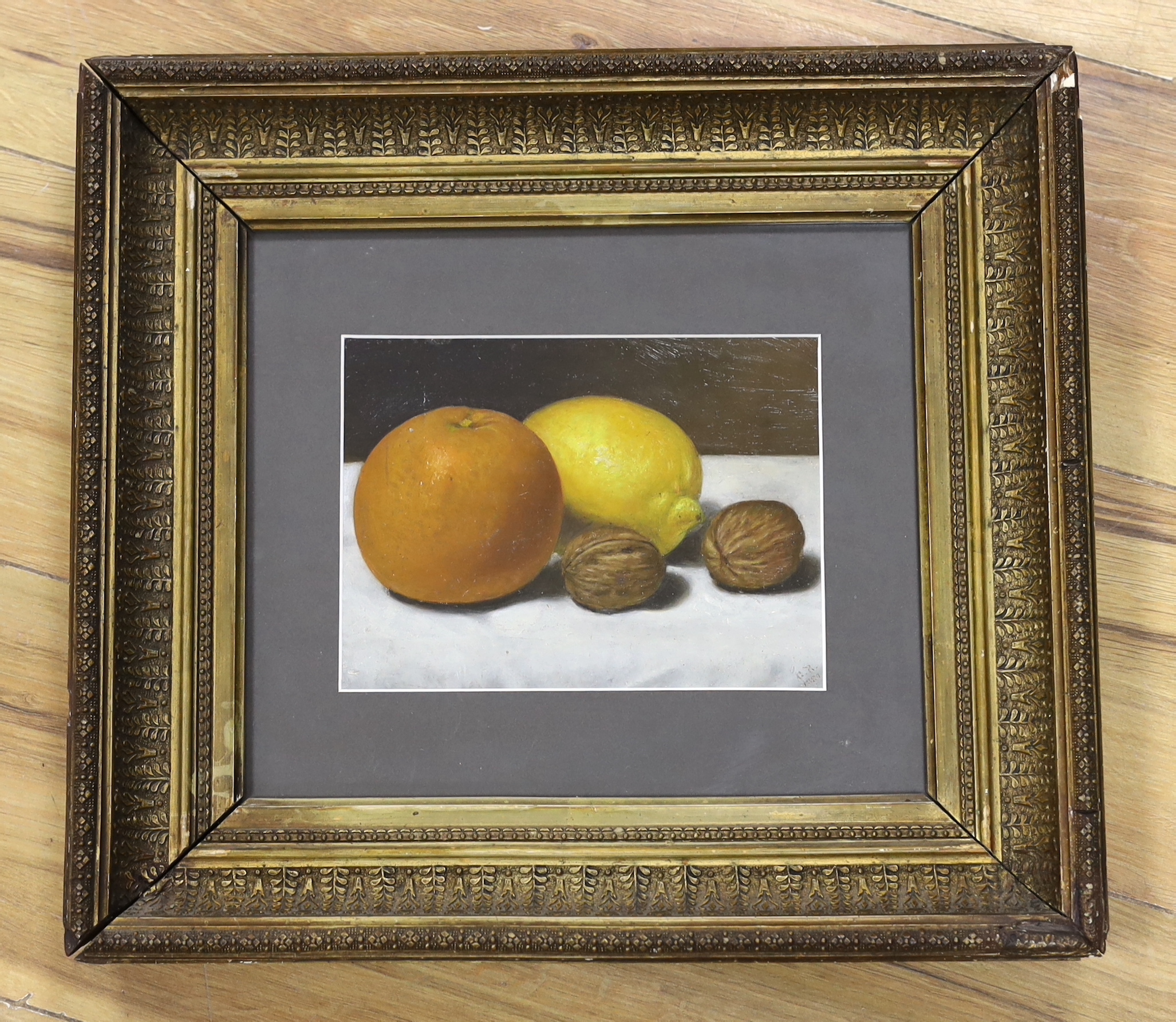 G.R. (19thC), oil, Still life of fruit, initialled and dated 1884, 18 x 14cm